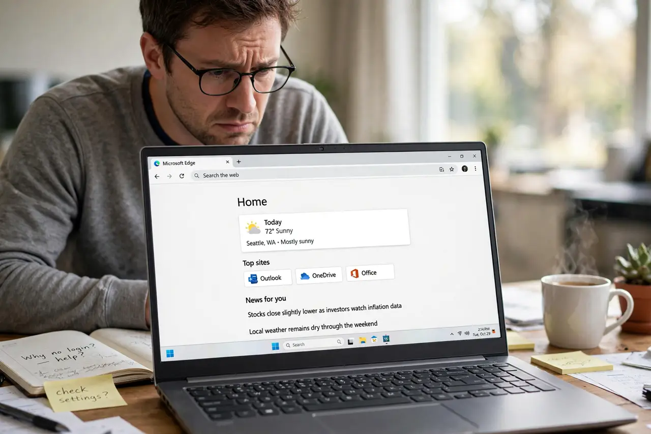 A puzzled adult at a desk looking at an unexpected browser home page on a Windows laptop.