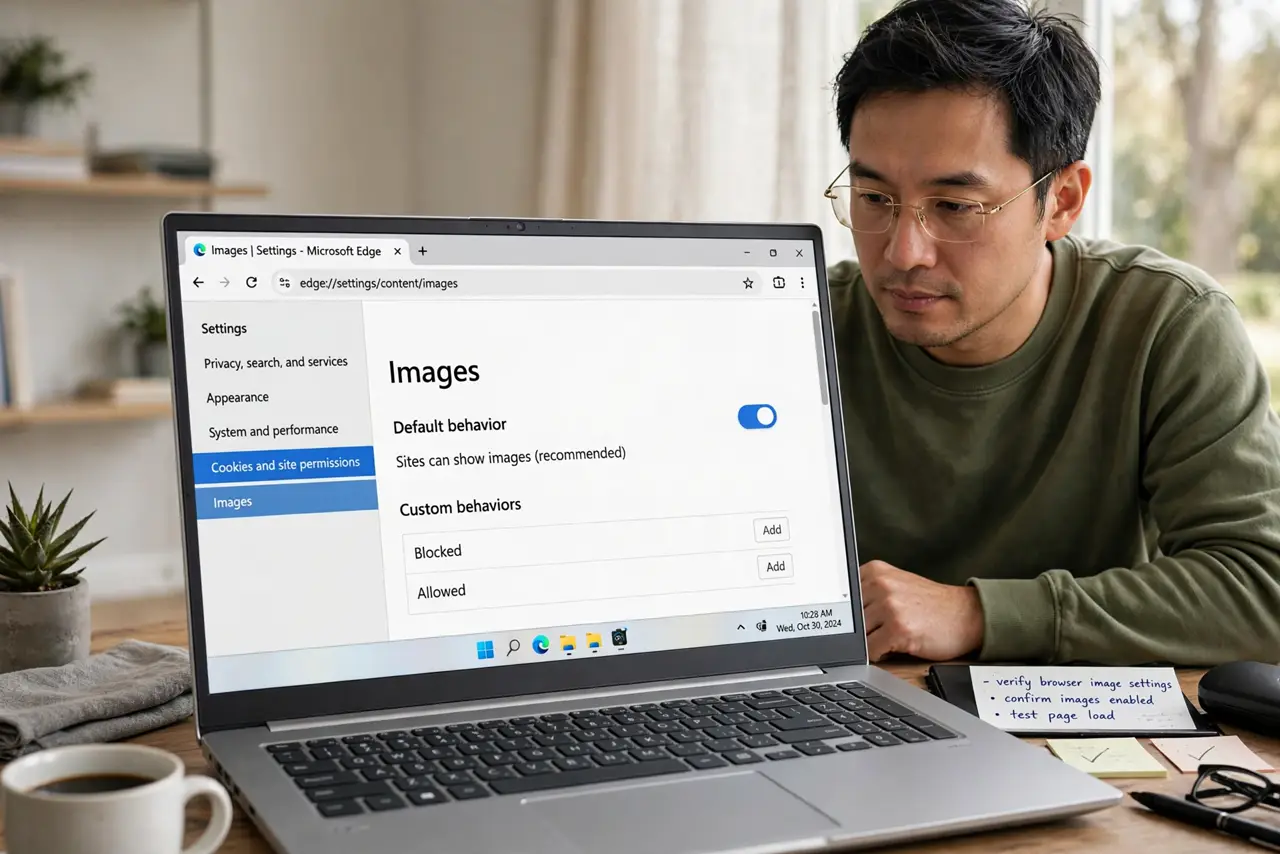 Person performing step 1: Check the browser image setting. Open browser settings, find the site settings for images, and confirm images are allowed. A single...