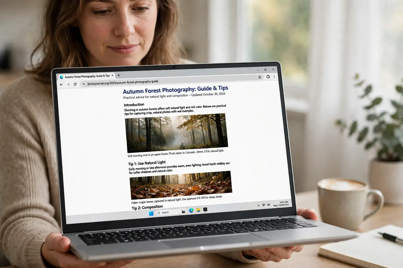 Photorealistic photo: A calm adult holding a real laptop at a desk, the browser open on a real photo article with pictures visibly loaded on screen, screen text and images legible.