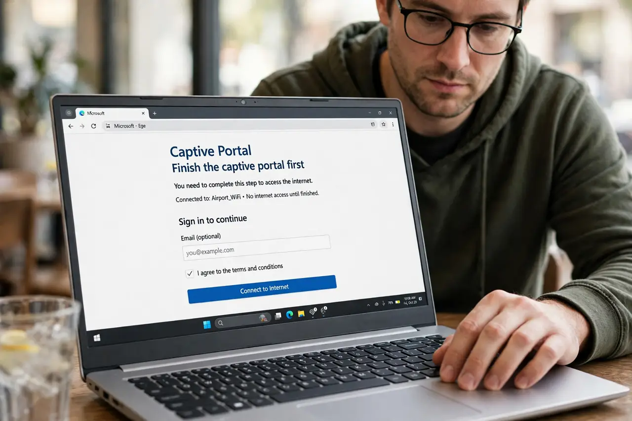 Step 1 in action for 'Not Private' Warning on Public Wi-Fi: Finish the captive portal first.
