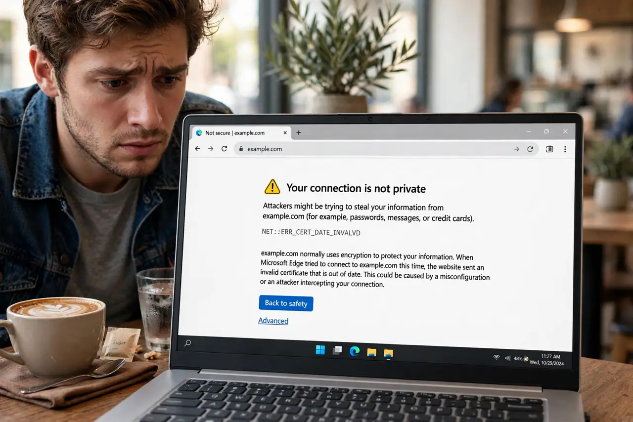 'Not Private' Warning on Public Wi-Fi — a person in a cafe staring at a real laptop showing a browser privacy warning screen fully legible, coffee cup