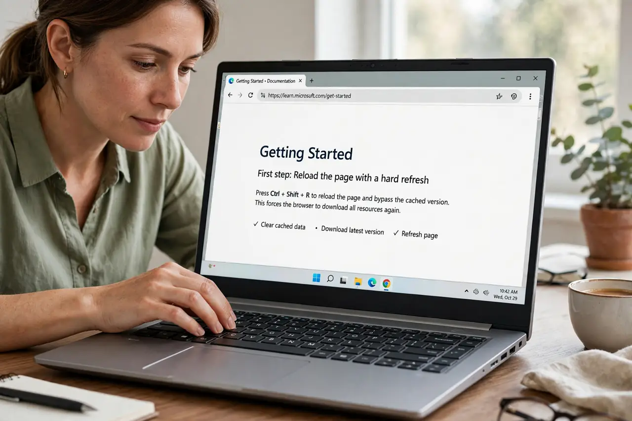 Person performing step 1: Reload the page with a hard refresh. Press Ctrl + F5 on Windows, or Command + Shift + R on a Mac, to reload the page without its stored...