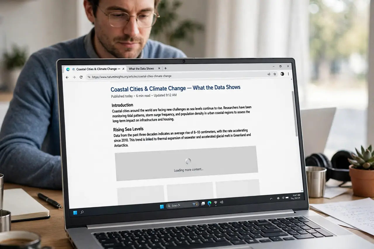 Photorealistic photo: A calm adult at a desk with a real Windows laptop, the browser open on a real article page that is visibly half-loaded with text on top and a blank section below, screen text legible.