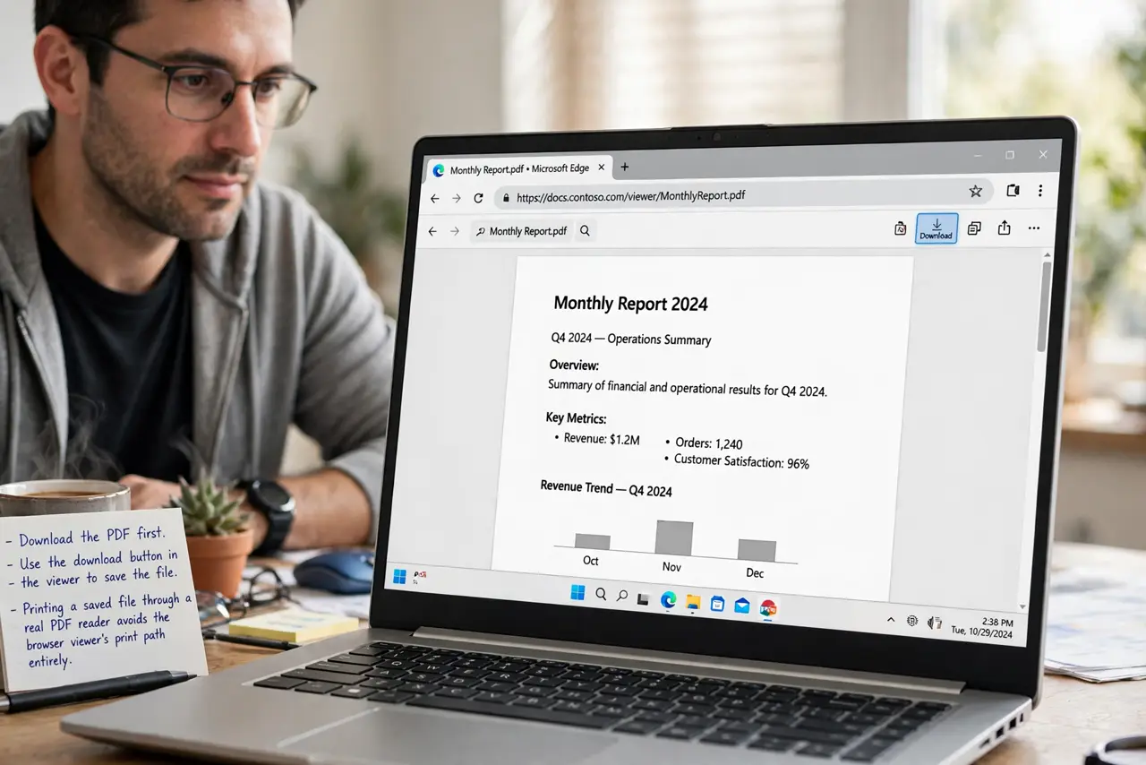 A person performing step 1 of the guide: Download the PDF first. Use the download button in the viewer to save the file. Printing a saved file through a real PDF reader avoids the browser viewer's print path entirely.