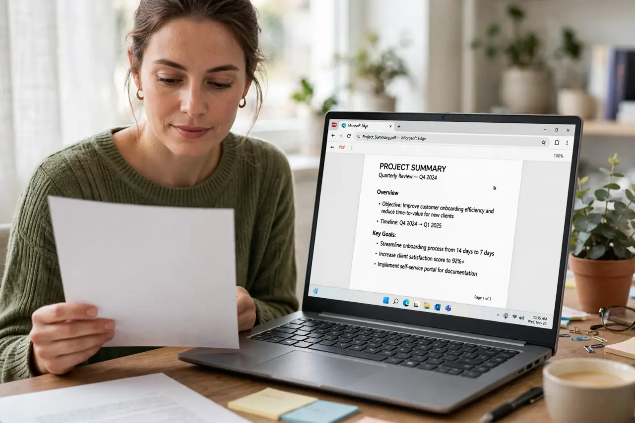 a calm adult at a desk holding a freshly printed blank page, a real laptop beside them showing the same PDF correctly on screen with legible text. No black screen, no blank white screen, no fake or garbled screen text.
