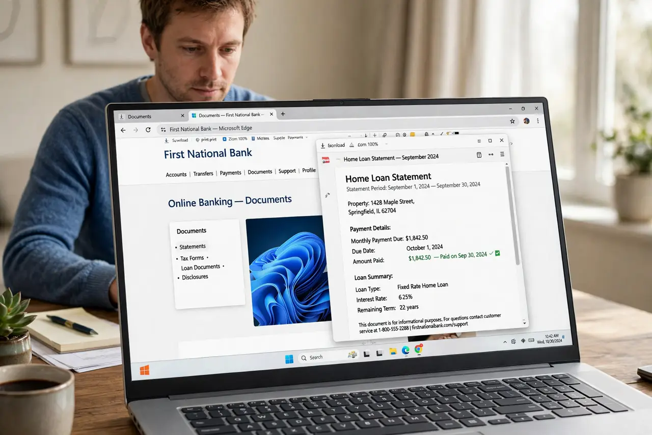 Photorealistic photo: A calm adult at a desk with a real Windows laptop, a bank website open in the browser with a document window visible, screen text legible, no account numbers readable.