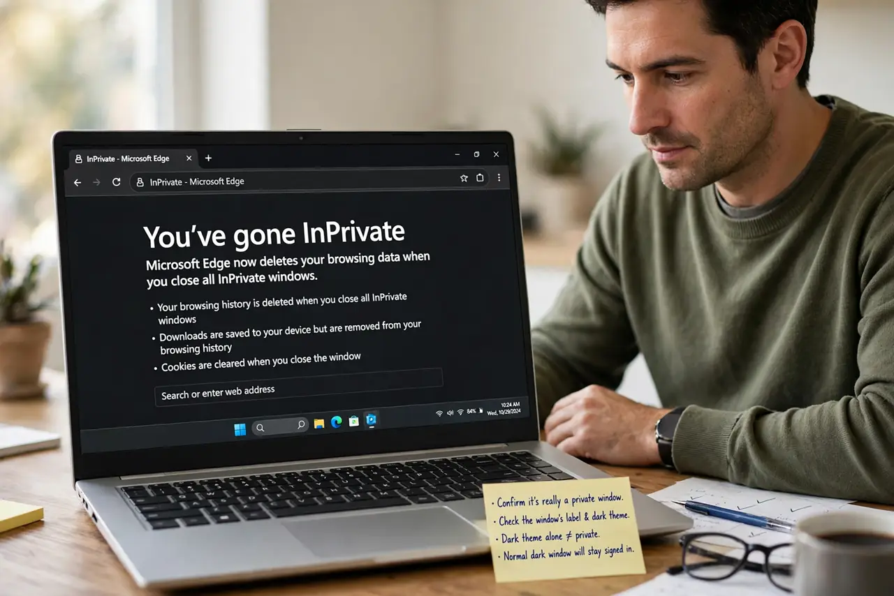 A person performing step 1 of the guide: Confirm it is really a private window. Check the window's label and dark theme. A normal window with a dark theme is not private, and it will happily stay signed in.