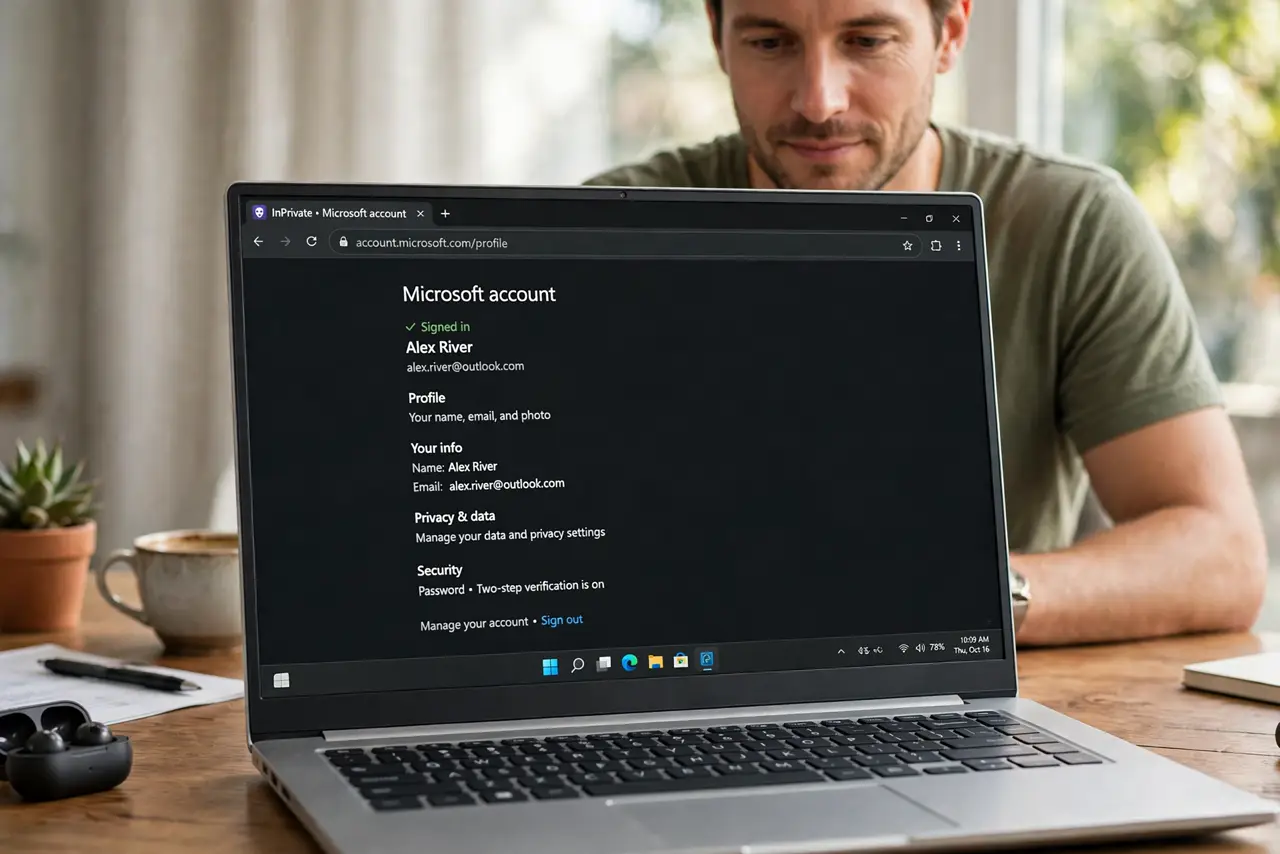 a calm adult at a desk with a real laptop showing a dark private browsing window that displays a signed-in account page with legible text. No black screen, no blank white screen, no fake or garbled screen text.