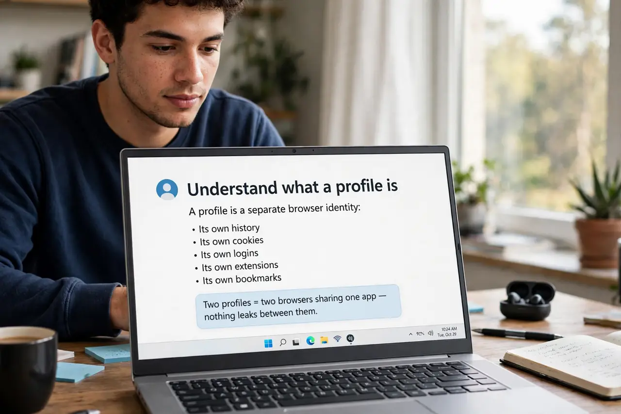 A person performing the first step of the guide: Understand what a profile is. A profile is a separate browser identity: its own history, cookies, logins.