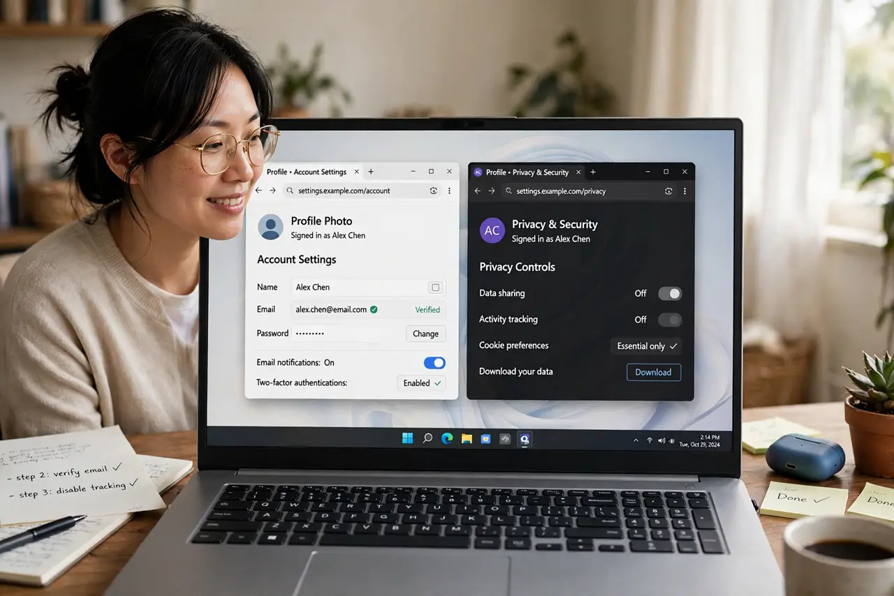 A person looking at a real laptop screen showing two browser windows side by side with different color themes and legible profile icons, the person's.