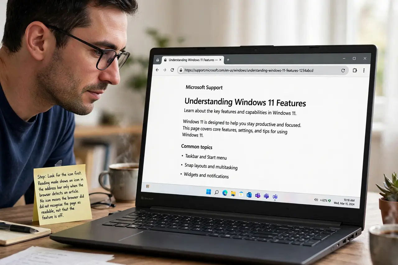 A person performing step 1 of the guide: Look for the icon first. Reading mode shows an icon in the address bar only when the browser detects an article. No icon means the browser did not recognize the page as readable, n...
