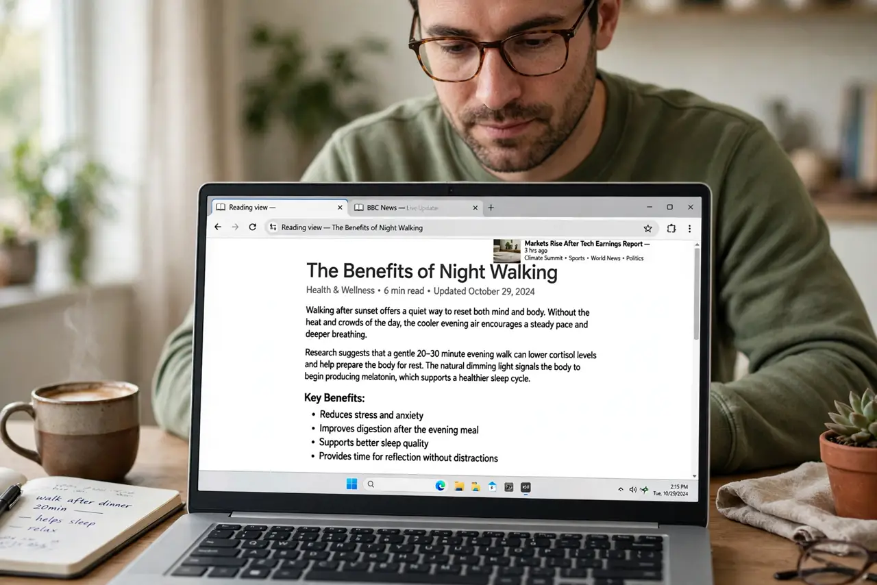 a calm adult reading a real laptop showing a clean reading-mode article with legible text, a cluttered webpage visible on a second tab. No black screen, no blank white screen, no fake or garbled screen text.
