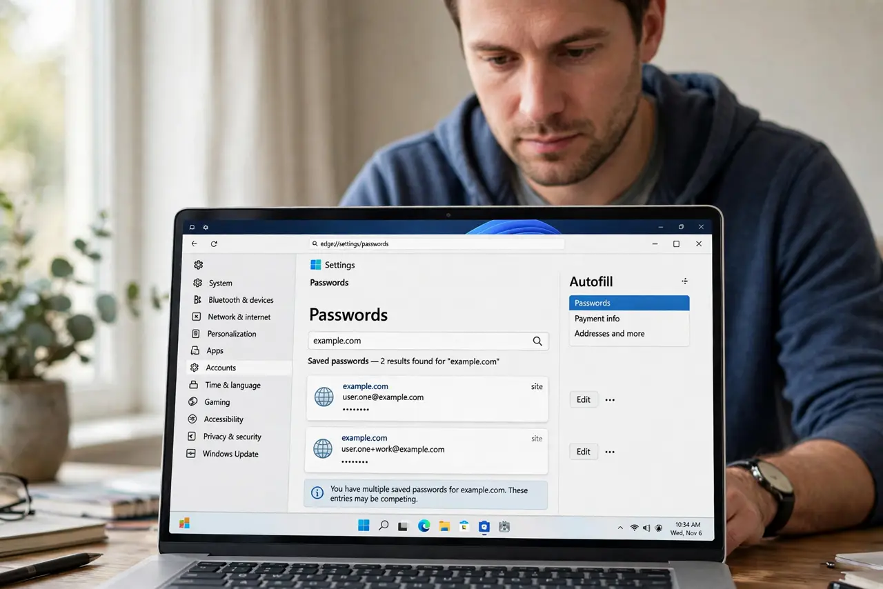 A person performing step 1 of the guide: Open the saved passwords list. Go to browser settings, then passwords or autofill, and search for the site. You will likely find two or more entries competing.