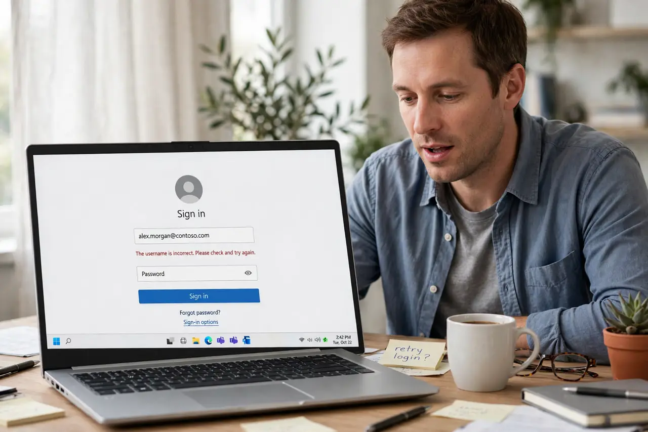 a calm adult at a desk with a real laptop showing a login page with the wrong username filled in and legible text, the person sighing. No black screen, no blank white screen, no fake or garbled screen text.