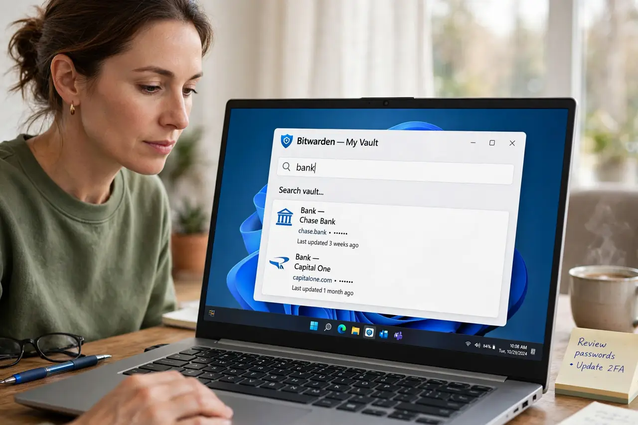 Person performing step 1: Open the password manager and search. Open browser settings, go to Passwords, and search for the site name. The entry may still be there...