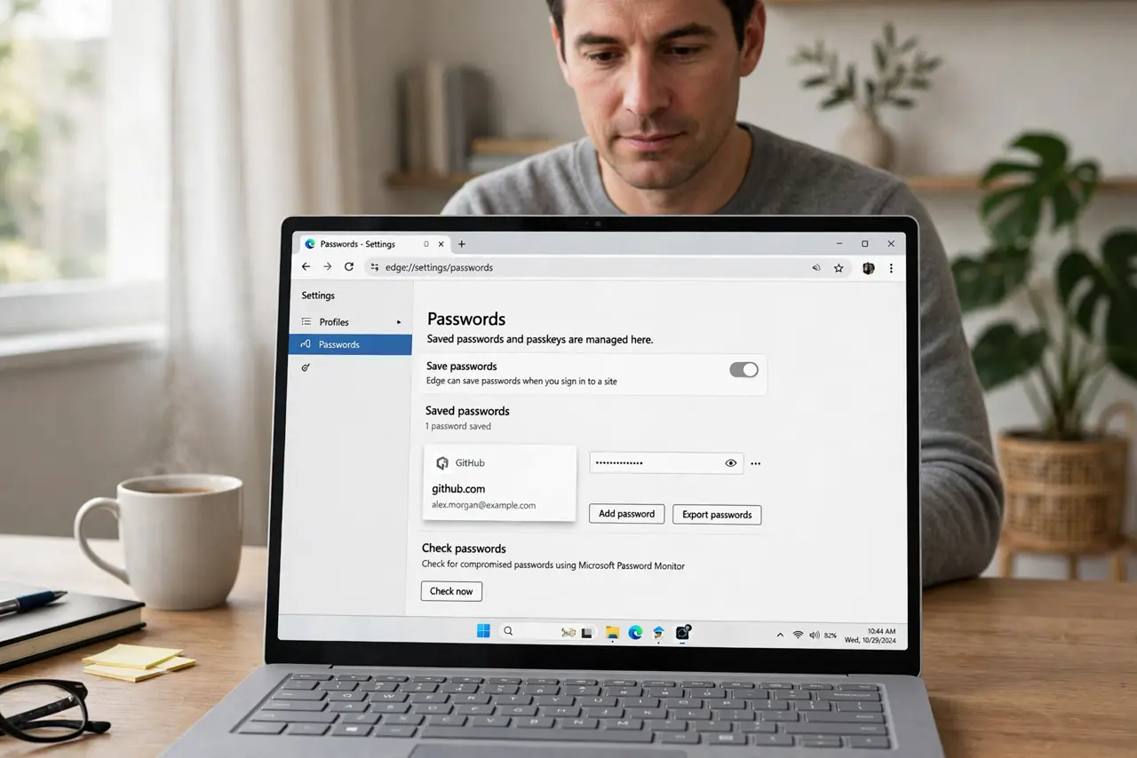 Photorealistic photo: A calm adult at a desk with a real Windows laptop, the browser password settings page open on screen with a site entry visible, screen text legible, no password characters readable.