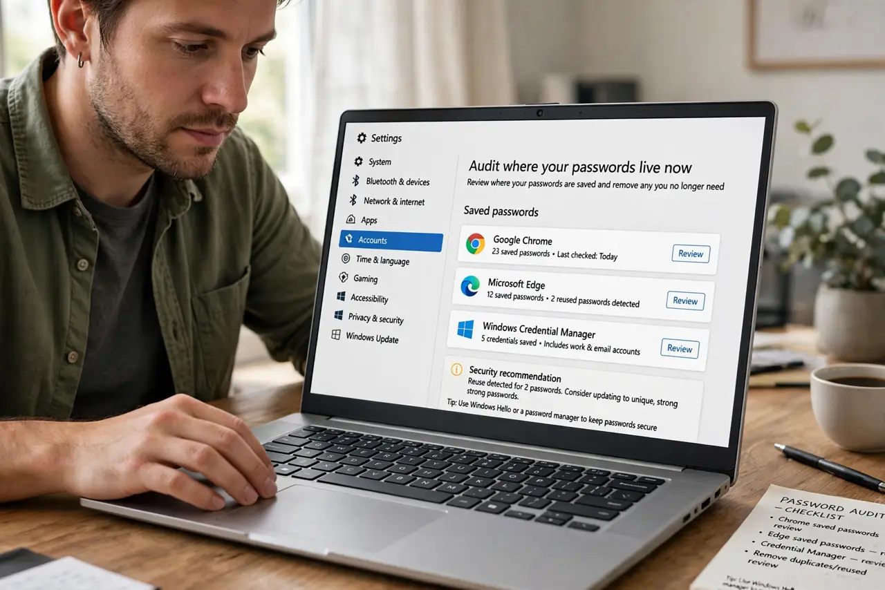 Step 1 in action for Browser Passwords vs a Manager: Audit where your passwords live now.