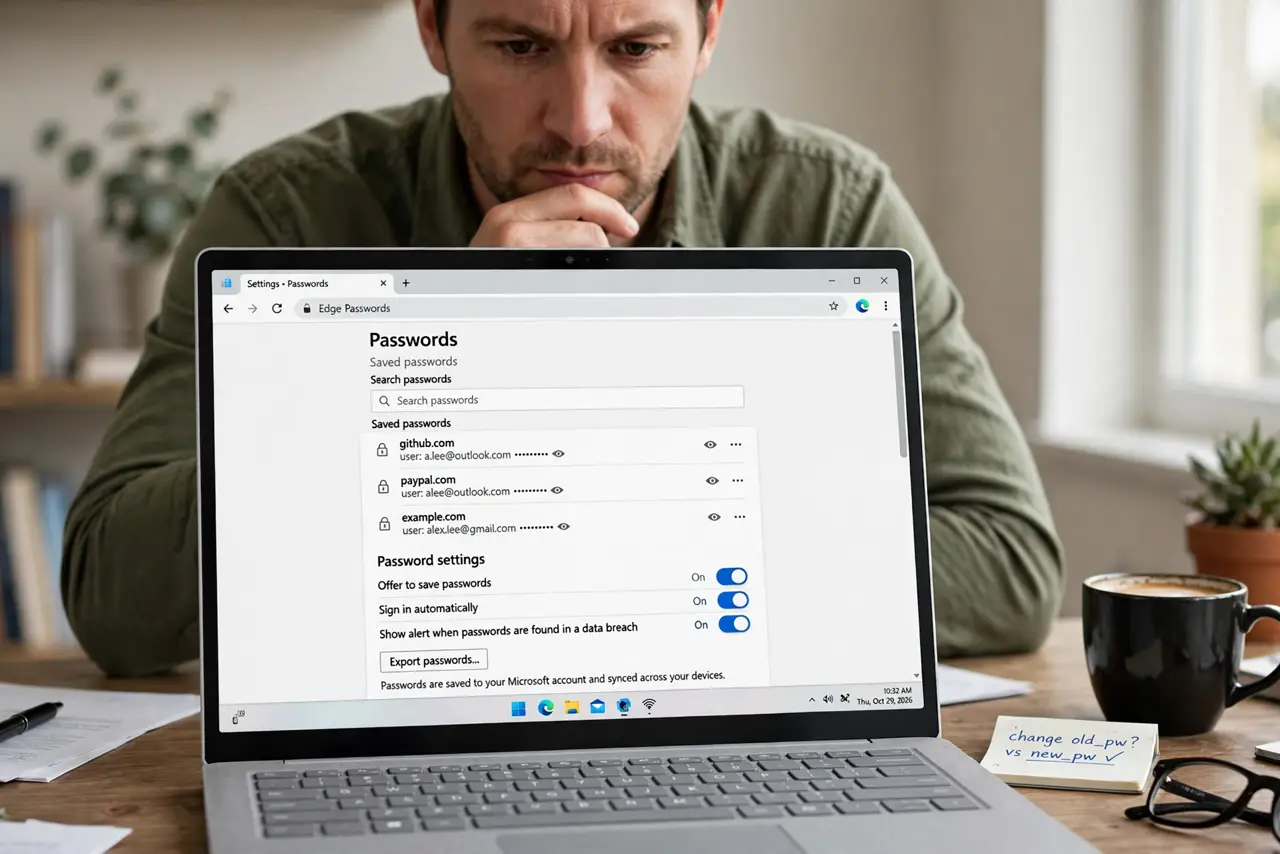 Browser Passwords vs a Manager — a deciding adult at a desk with a real laptop showing browser password settings, the settings text fully legib
