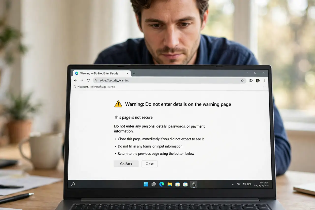 Person performing step 1: Do not enter details on the warning page. Stop before typing any password, payment, or personal details on a warning page. The warning...
