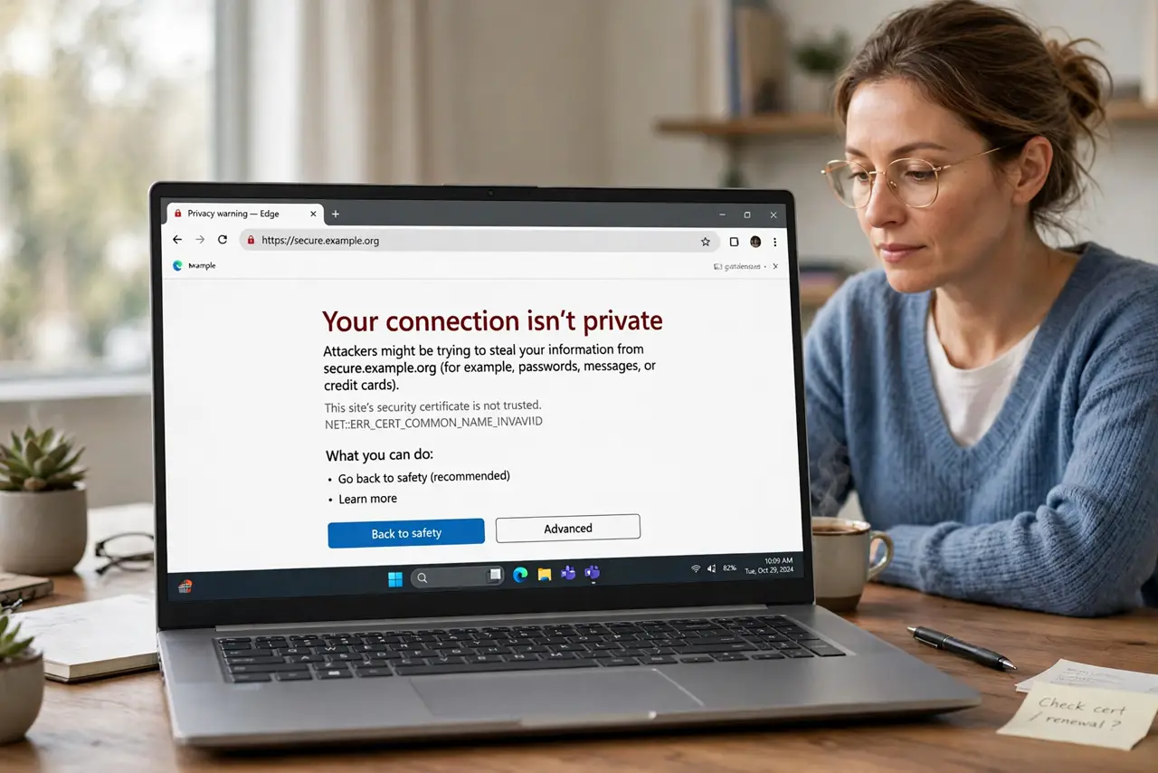 Photorealistic photo: A calm adult at a desk with a real laptop, the real browser privacy warning visible complete and legible, the person checking carefully.