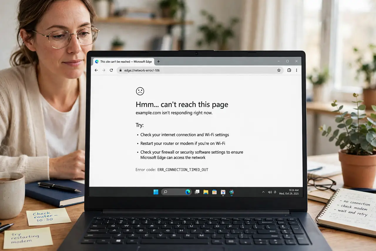 Photorealistic photo: A calm adult at a desk with a real laptop, the real browser error page visible complete and legible, the person checking calmly.