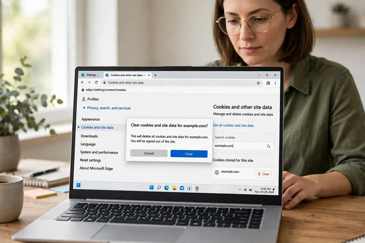 Person performing step 1: Clear cookies for that site only. In browser settings, clear cookies and site data for the affected site only, then reload it. Stale...