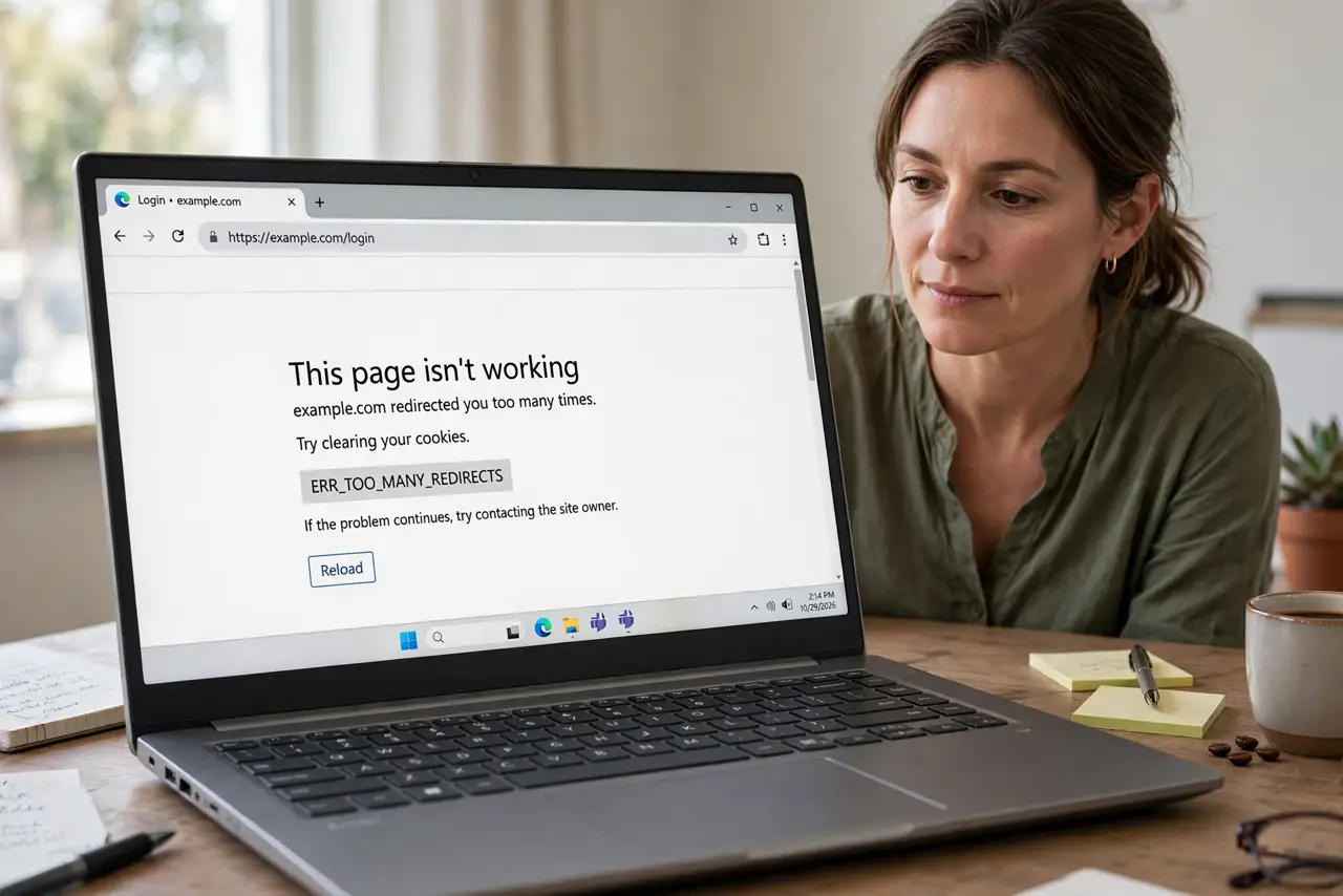 Photorealistic photo: A calm adult at a desk with a real laptop, the real browser redirect error visible complete and legible, the person checking calmly.