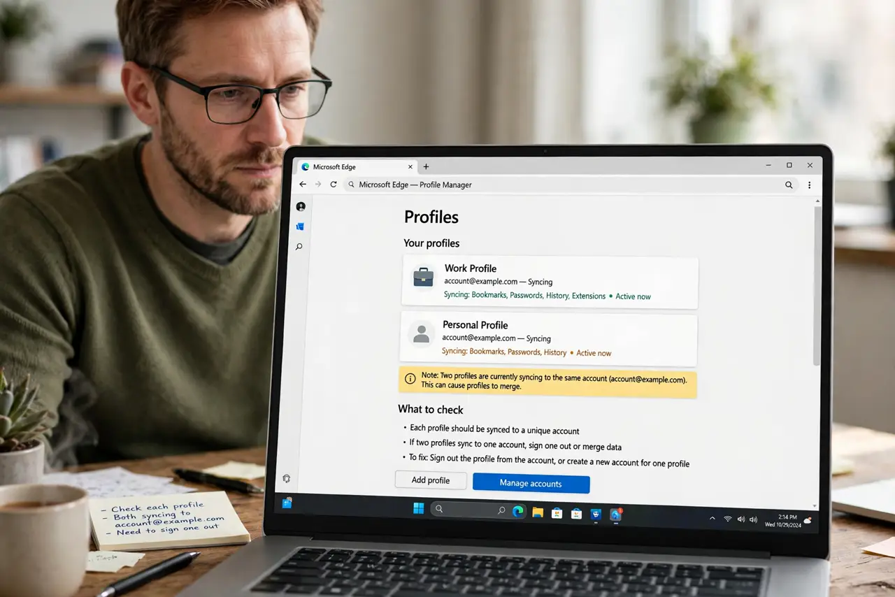 A person performing step 1 of the guide: Open the profile manager. Look at each browser profile and note which account it syncs with. The merge happened because two profiles synced to one account, or one profile synced to...