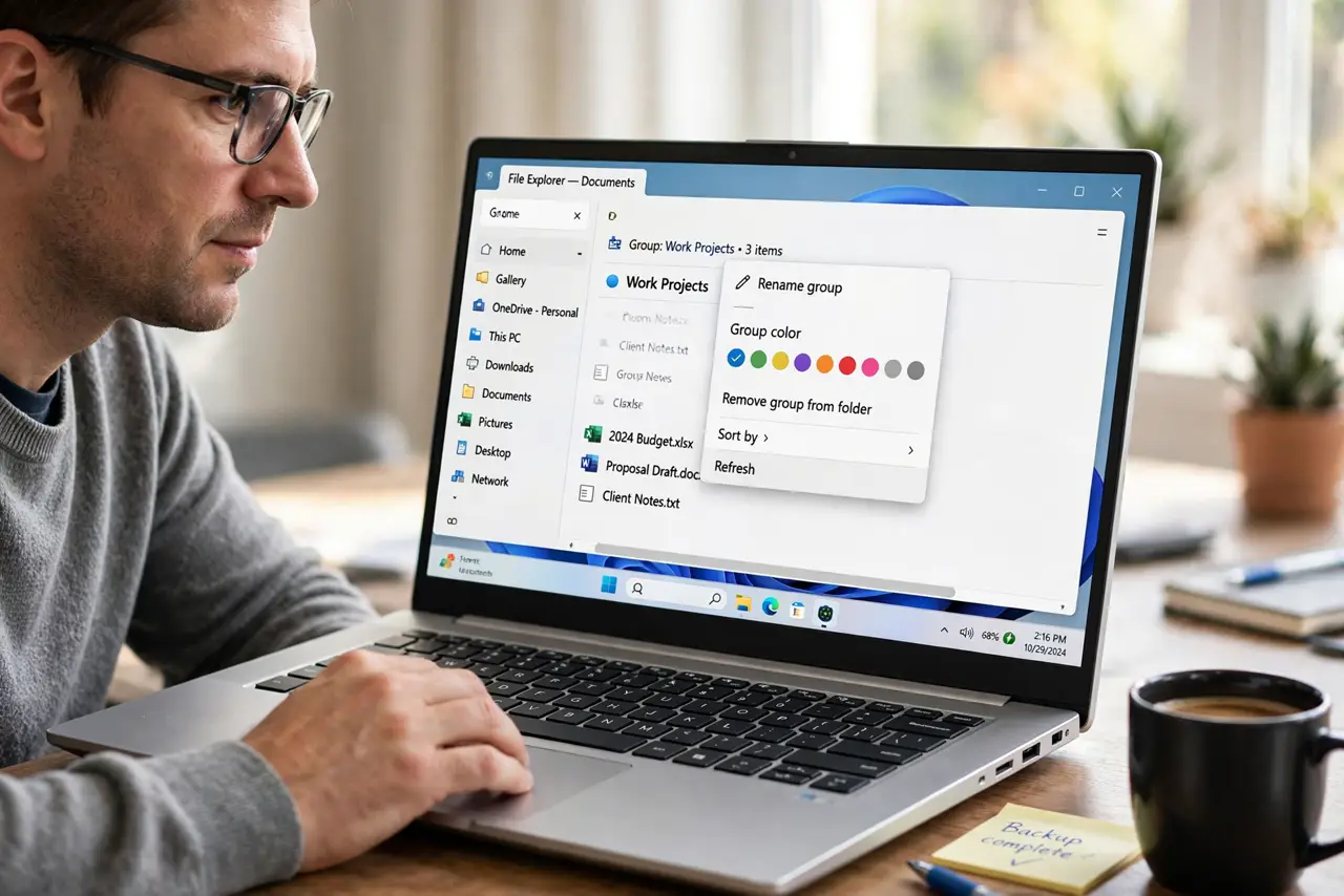 A person performing step 1 of the guide: Name and color the group first. Right-click the group label, give it a clear name, and pick a color. Named groups are the ones worth saving, and the name makes them findable later.