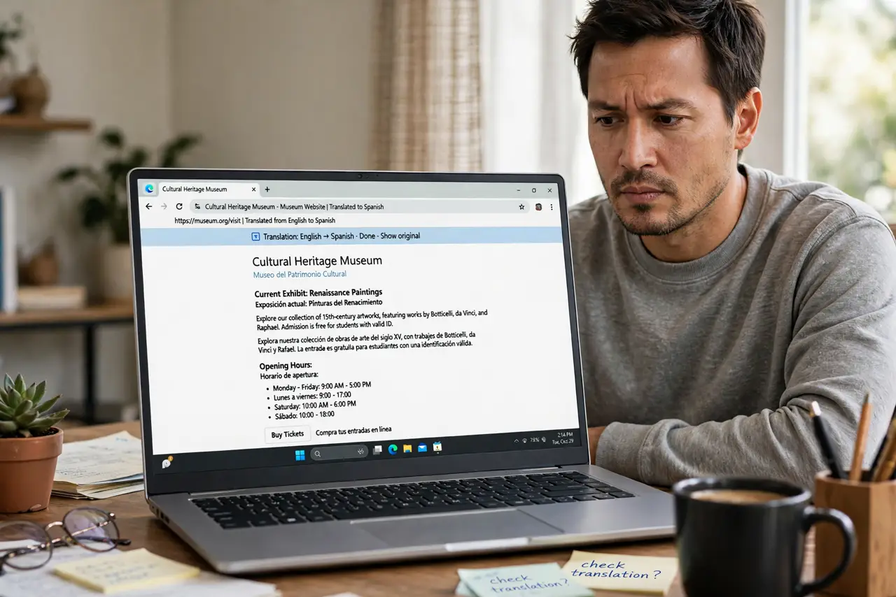 a calm adult at a desk with a real laptop showing a half-translated webpage with mixed languages and legible text, looking puzzled. No black screen, no blank white screen, no fake or garbled screen text.