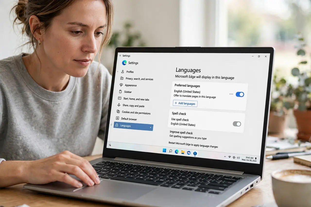 Person performing step 1: Open the browser language settings. Open browser settings, find Languages, and view the preferred languages list in order. The first...