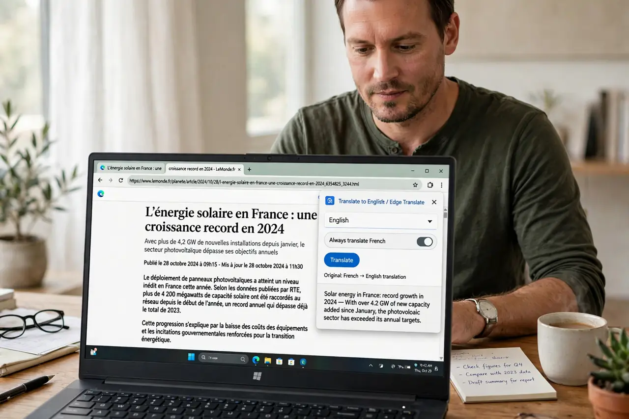 Photorealistic photo: A calm adult at a desk with a real Windows laptop, a foreign-language article open in the browser with the translate menu visible, screen text legible.