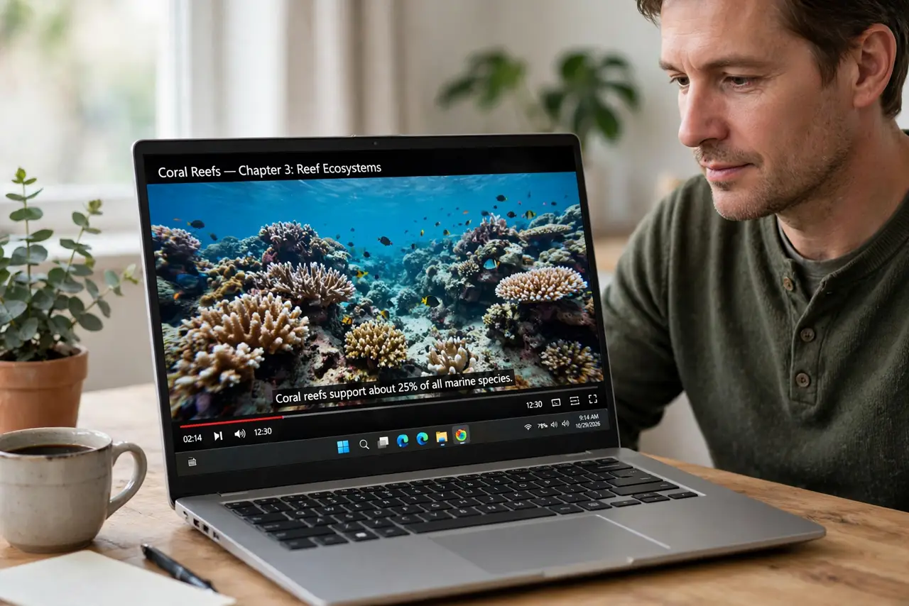 a calm adult watching a real laptop showing a fullscreen video with black bars top and bottom, the video image clear and legible. No black screen, no blank white screen, no fake or garbled screen text.