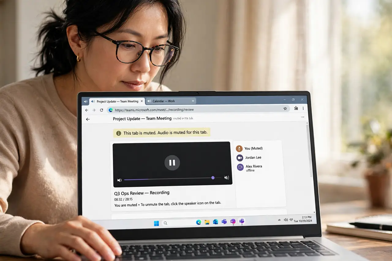 Person performing step 1: Check whether the tab itself is muted. Look at the tab for a muted speaker icon, right-click the tab, and choose Unmute site or Unmute...