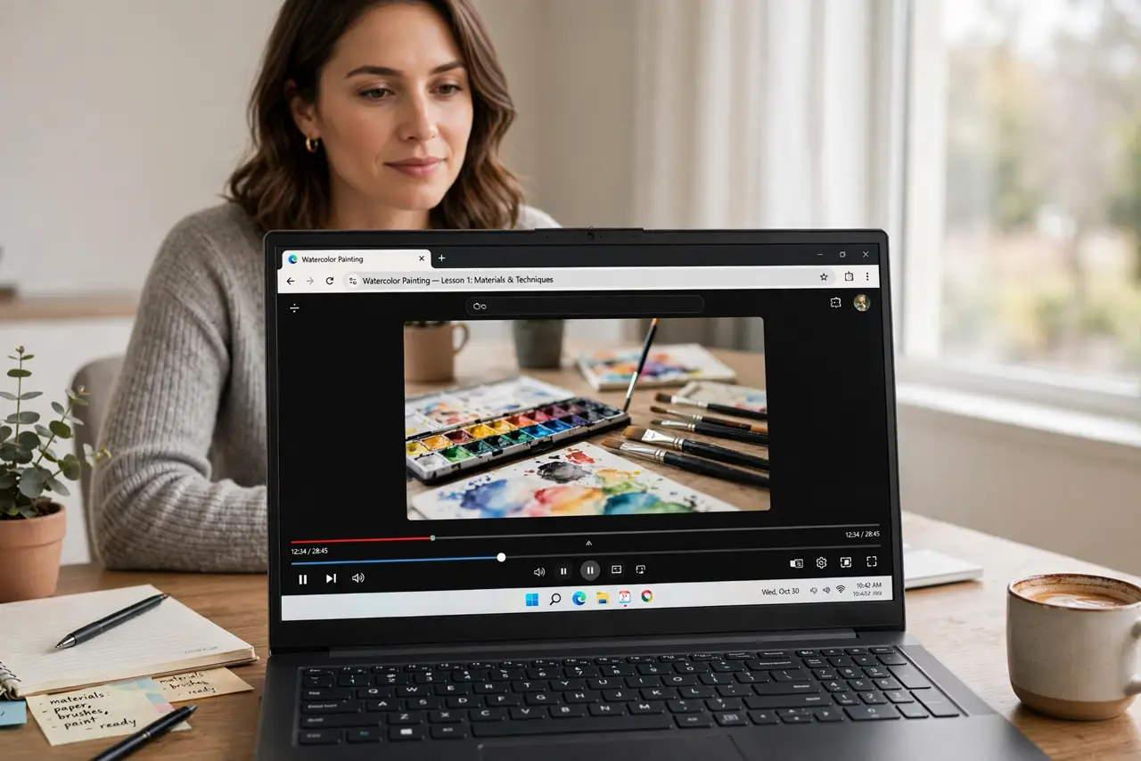 Photorealistic photo: A calm adult at a desk with a real Windows laptop, a browser video playing on screen with the player volume control visible, a person watching with relaxed attention.