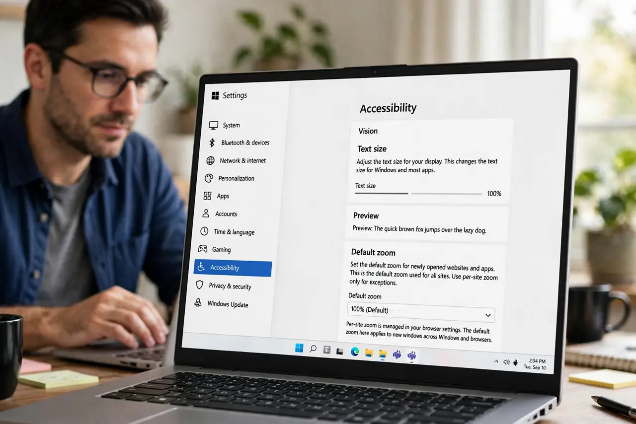 A person performing step 1 of the guide: Set the default zoom, not per-site zoom. Open appearance settings and set the default zoom or default text size. Per-site zoom is for exceptions; the default is what every new site...