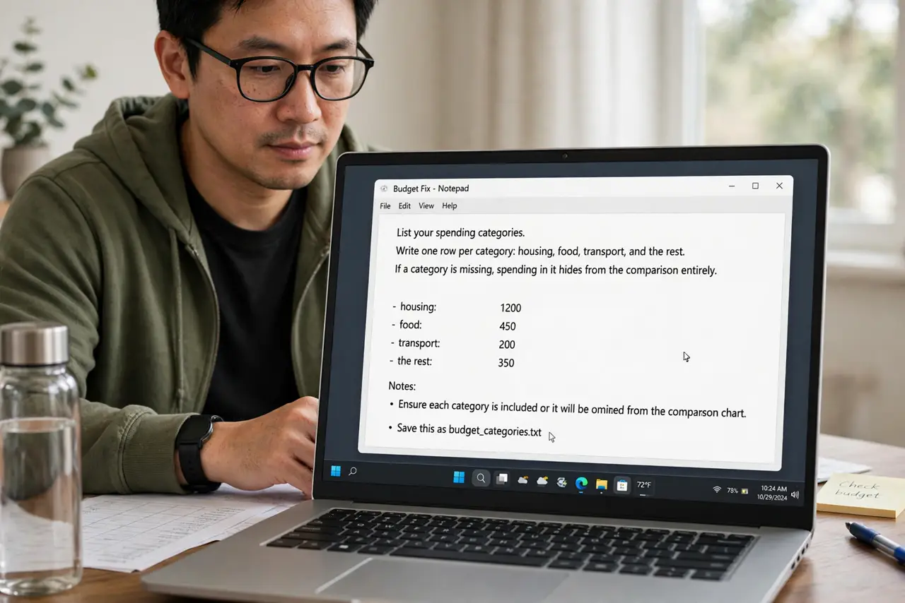 A person performing step 1 of the guide: List your spending categories. Write one row per category: housing, food, transport, and the rest. If a category is missing, spending in...