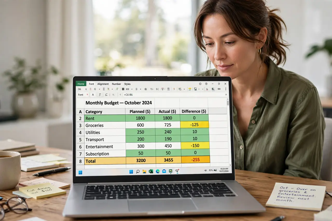 a calm adult at a desk with a real Windows laptop, a budget spreadsheet open showing normal planned and actual columns with legible numbers, the person reviewing a highlighted difference