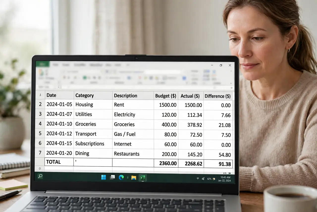 a calm adult at a desk with a real Windows laptop showing a budget spreadsheet on the real screen with category rows visible. No black screen, no blank white sc