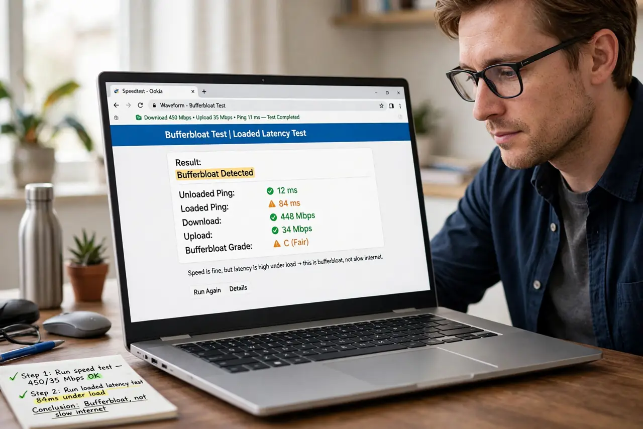 A person performing the guide's first step: Confirm it is bufferbloat, not slow internet. Run a speed test, then run one that measures loaded latency (many test sites show ping under…