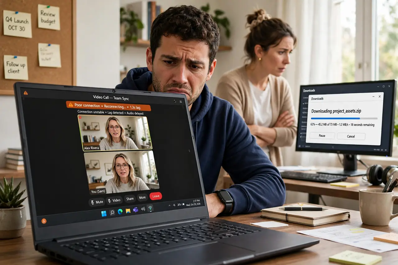 A person on a video call at a real laptop showing a video chat window with legible interface, while another person in the background watches a download progress bar, the first person's face….