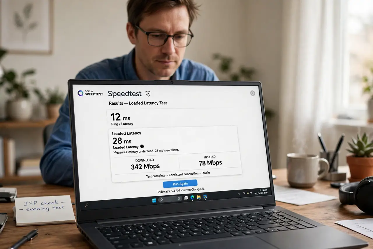 Photoreal photo of a person performing the first step: Confirm it is bufferbloat. Run a speed test that measures loaded latency, or start a big upl...