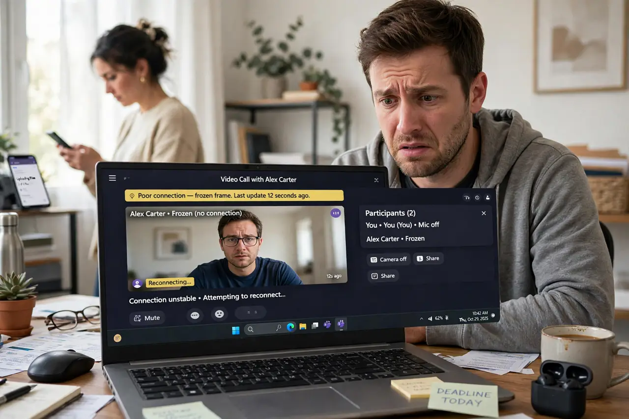 Photoreal photo: a person on a real video call on a laptop showing a legible frozen frame, another person uploading files on a phone in the background, the first person's face exasperated, home office. No black scr...