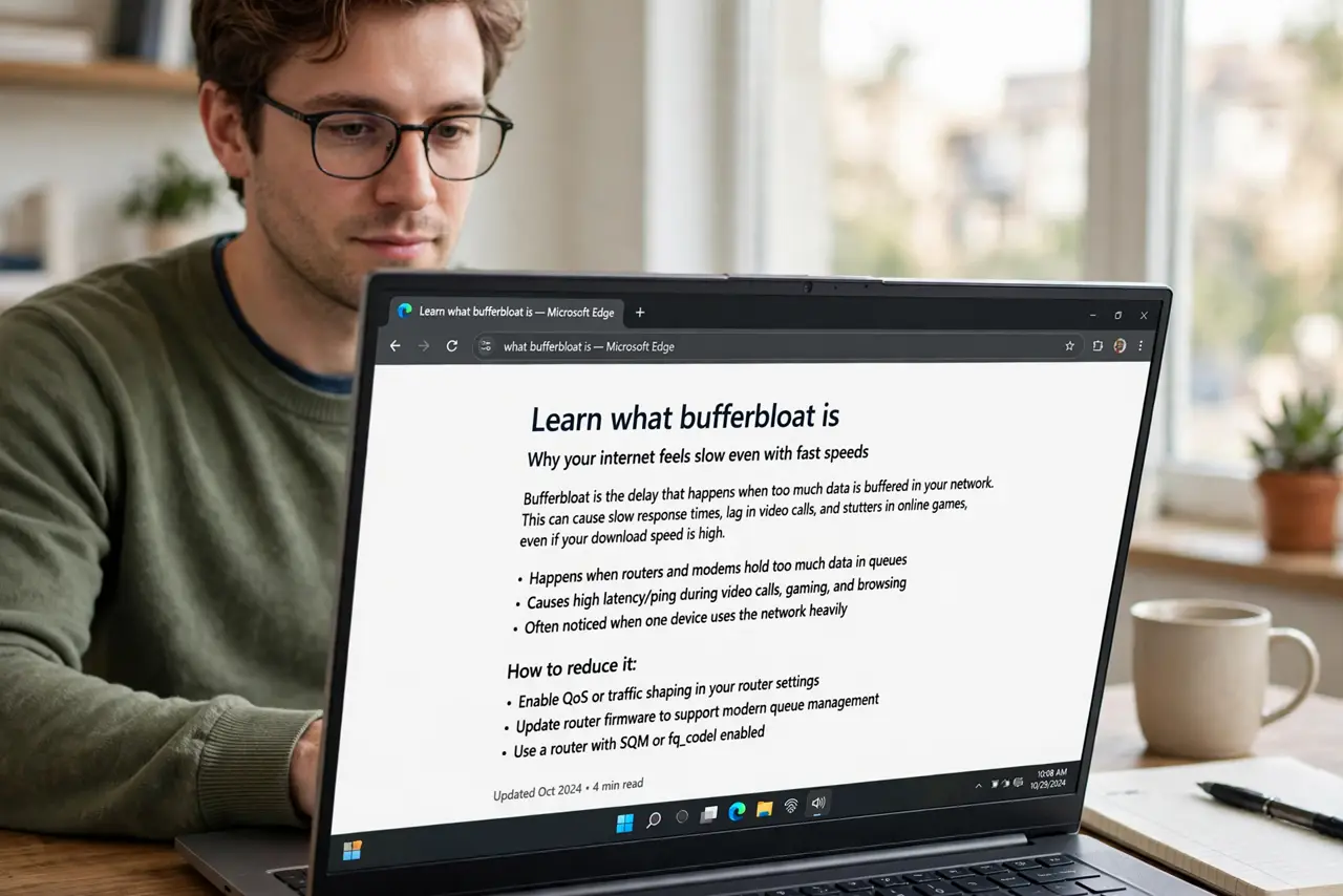 A person calmly performing the guide's first step: Learn what bufferbloat is.