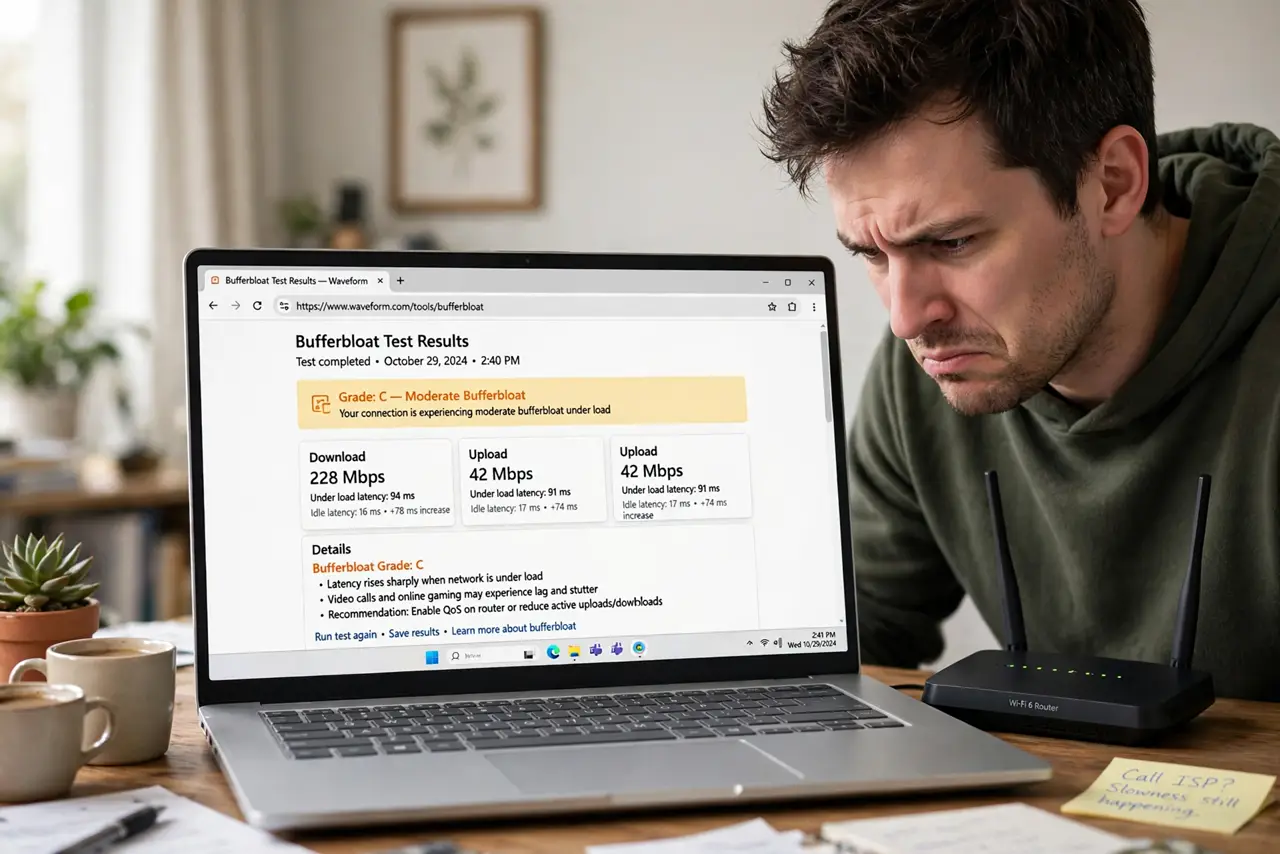 a person looking at a real laptop showing a bufferbloat test result with legible grades, a real router beside it, the person's face frustrated, home office. No black screen, no bla.