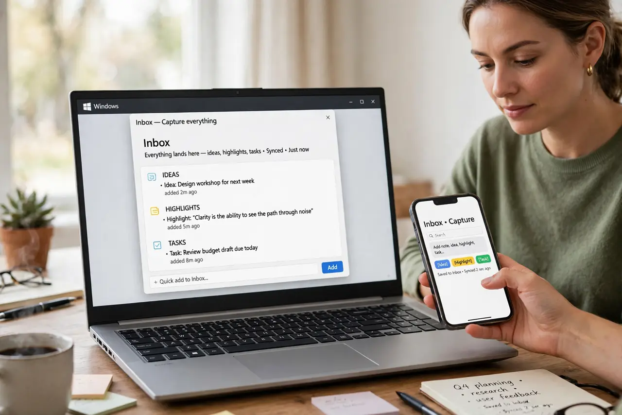 A person performing the guide's first step: Capture everything, frictionlessly. The inbox is sacred: one app where every idea, highlight, and task lands within seconds — phone widget,…