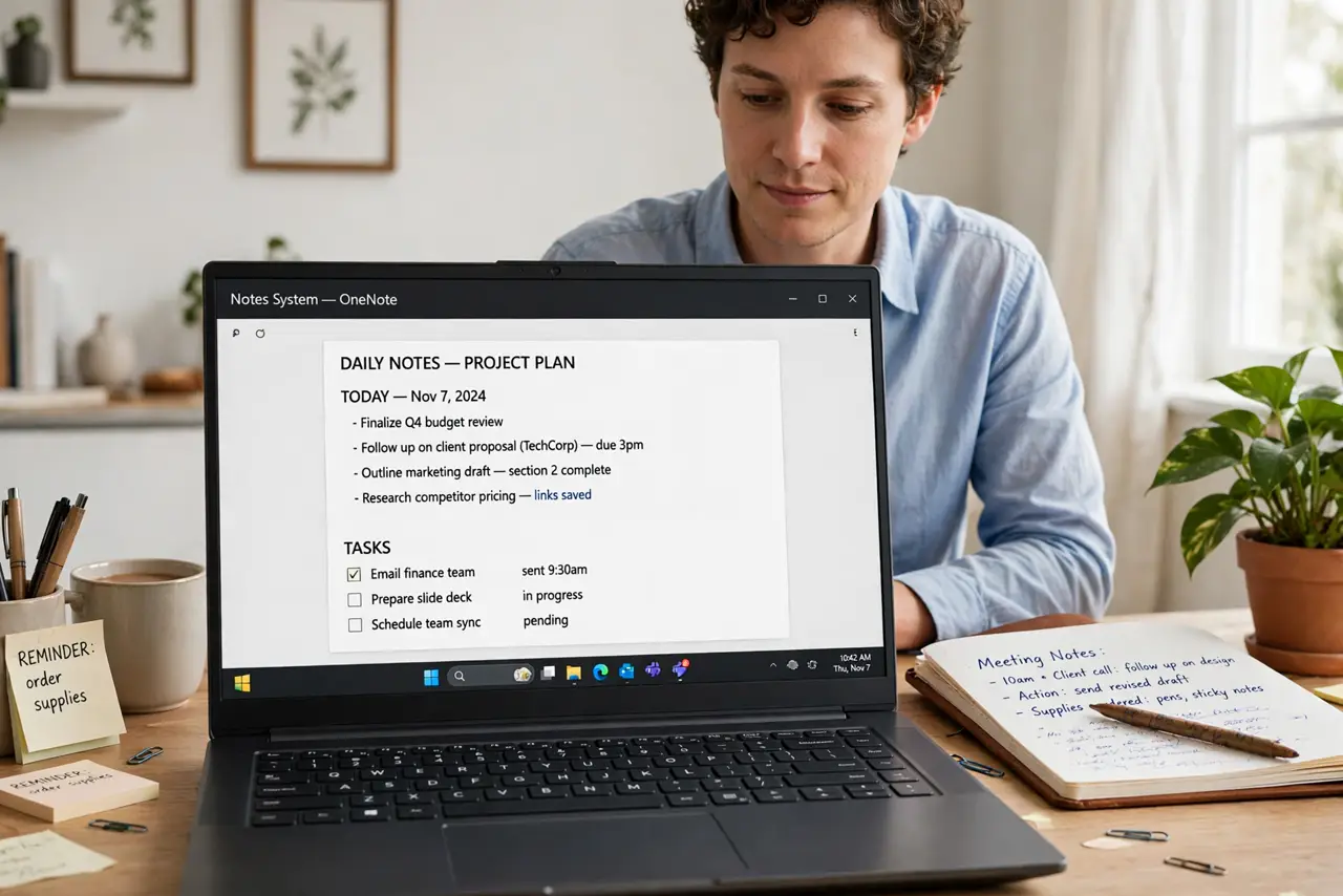 A person at a desk with a real laptop showing a legible organized notes system and a notebook, the person's face calm and in control, bright home office with a plant..