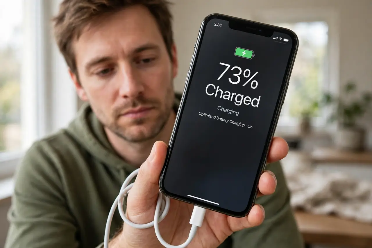 A calm adult holding a real charging cable bent at an angle into a phone, the phone screen showing the charging icon with legible text, the person looking resigned.