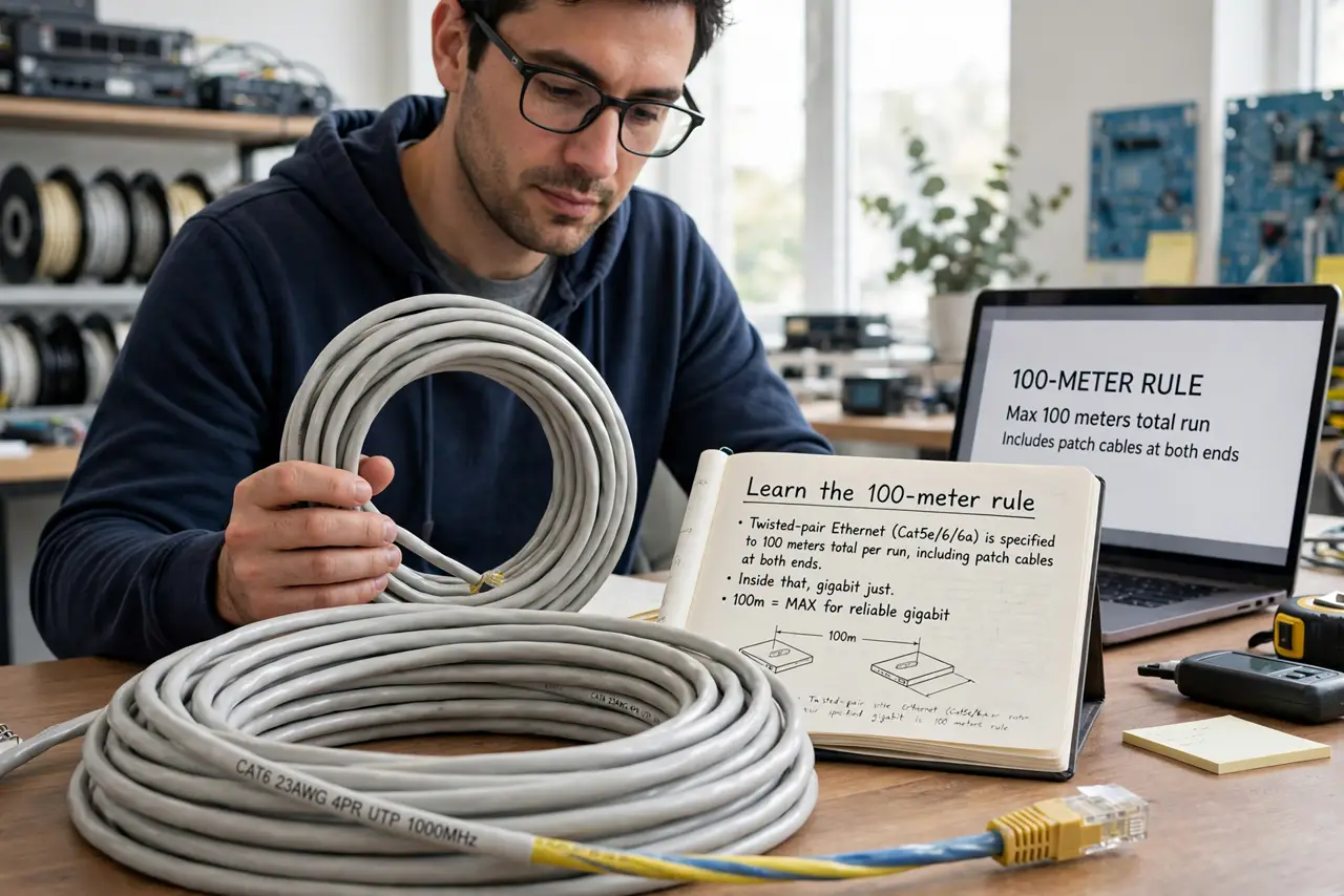 A person performing step 1: Learn the 100-meter rule. Twisted-pair ethernet (Cat5e/6/6a) is specified to 100 meters total per run, includi.