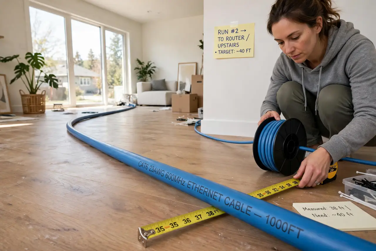 A person unrolling a long real ethernet cable across a large room toward a far wall, a tape measure extended beside it, the person's face calculating, home.